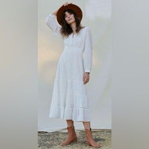 Anthropologie Vienna Tiered Midi Dress White Embroidered V-Neck Boho Romantic 6